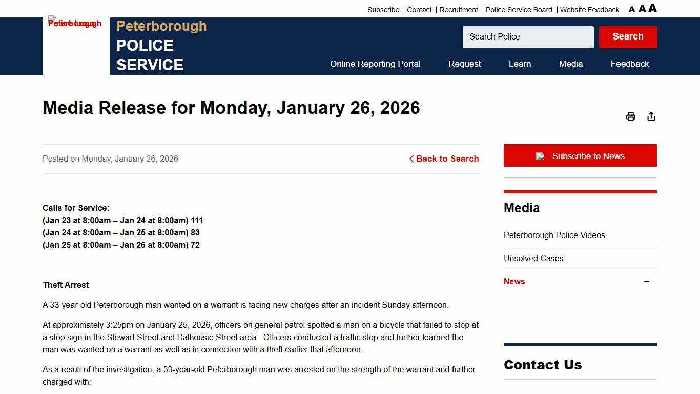 Media Release for Monday, January 26, 2026 - Peterborough Police